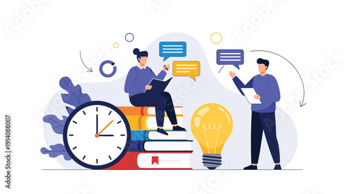 Creative team of people brainstorming new business ideas sitting on a stack of books with a large clock and light bulb illustration.
