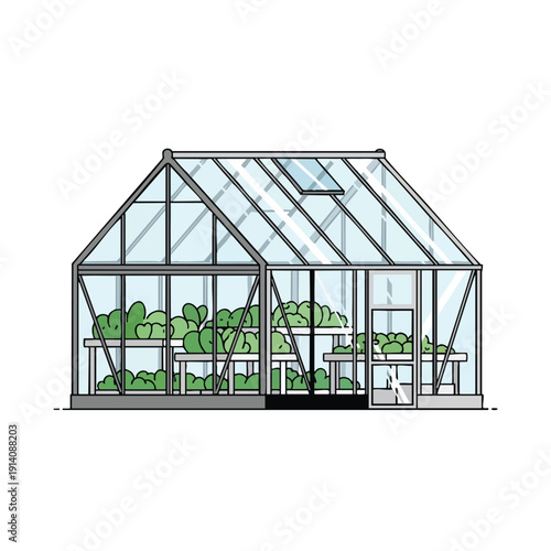 Modern Greenhouse with Plants and Shelves