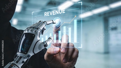 AI monetization timeline - Close-up of human and robotic hands interacting with a holographic financial graph glowing abstractly without numbers.