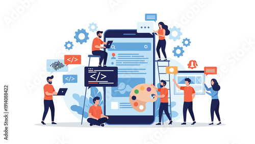 Professional software development team working together to build and design a mobile application interface on a large smartphone screen.