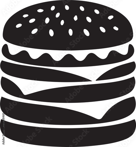 Black and white illustration of a hamburger with sesame seed bun burger
