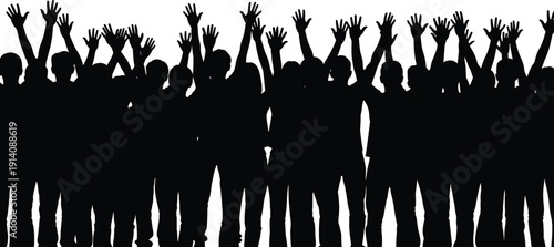 Cheering crowd silhouette vector illustration, raised hands audience, celebration event, concert fans, success support, festival party people background