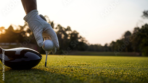 Golfer Placing Tee and Ball on Golf Course During Golden Hour Light