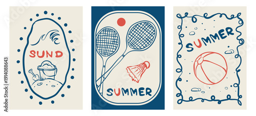 Vintage summer posters in line art style featuring beach and leisure elements. Hand drawn sketch depicts badminton court, beach ball, and sand bucket. A whimsical vector illustration.