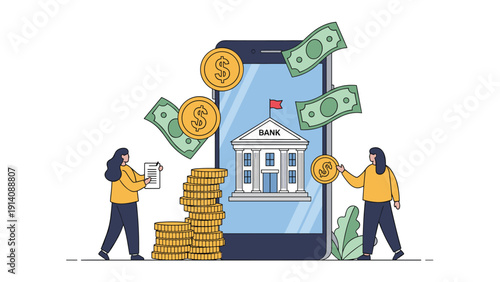 Digital mobile banking concept featuring a bank building on a smartphone screen with falling banknotes and stacks of gold coins around it.