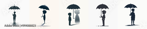 Silhouette Boy Holding Umbrella Vector Illustration