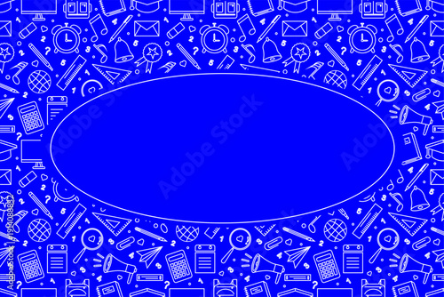School attributes doodle pattern frame with blank oval. School supplies doodle pattern frame design. Seamless school attributes frame background. Back to school concept with copy space.