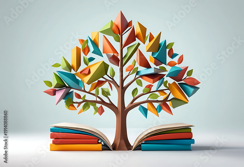 Wallpaper Mural Colorful paper art tree with stacked books knowledge growth education learning creativity success business nature inspiration minimalist white background Torontodigital.ca