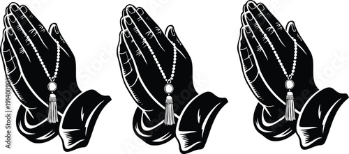 Praying Hands with Rosary Outline Icon Set Faith, Devotion, and Sacred Prayer Symbols