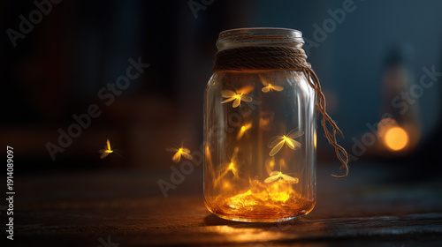 Glowing Fireflies Escaping from Open Glass Jar on Wooden Table at Night — Concept of Freedom or Hope