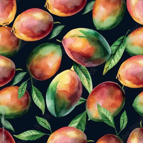 Mango Fruits on Dark Background Botanical Watercolor Seamless Vector Pattern
