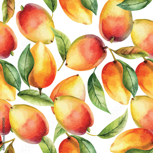 Tropical Mango Fruits Watercolor Seamless Vector Pattern