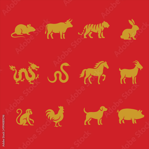 The twelve gold-colored silhouettes representing the animals of the Chinese zodiac set against a bold red background.