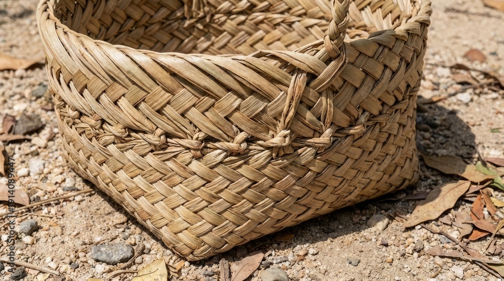 Fototapeta premium Rustic Woven Basket Made from Natural Fibers on Dry Ground