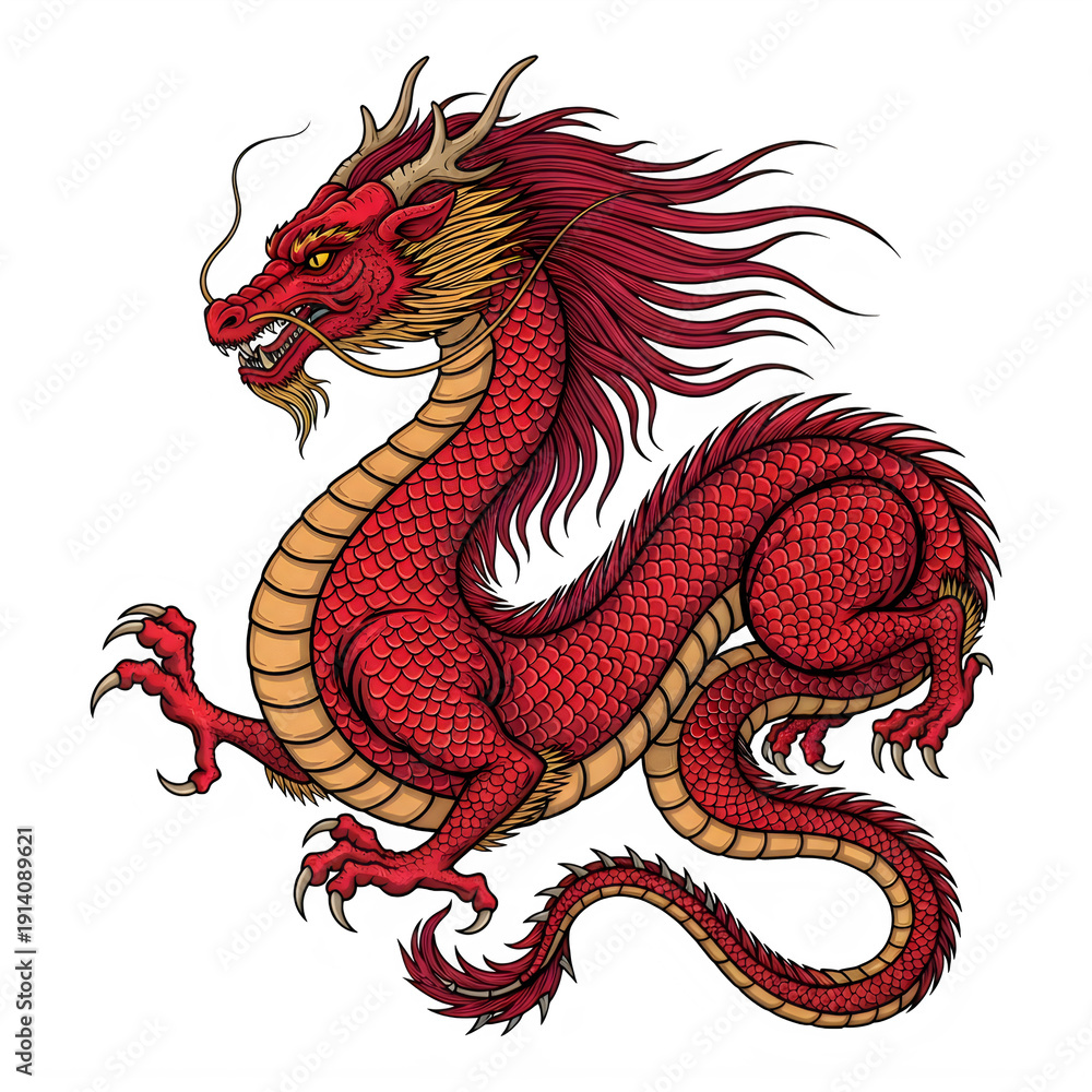Fototapeta premium Vibrant red dragon isolated on transparent background