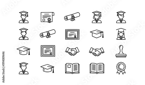 Minimal Graduation Line Icons Student Cap Diploma Certificate University Degree Vector Set