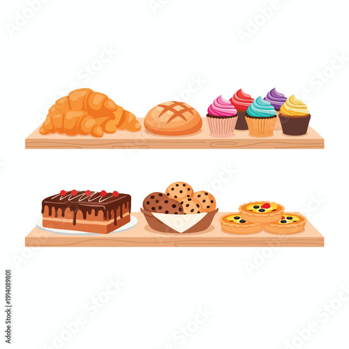 Assorted Baked Goods on Wooden Shelves