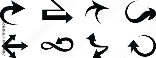 A clean vector illustration featuring a diverse collection of eight black arrows in various styles, symbolizing direction, movement, and navigation possibilities