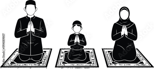 Muslim Family Performing Salah Outline Icon Set Father, Mother, and Child Prayer Scene
