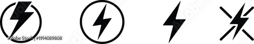 Set of stylized lightning bolt icons representing energy, power, and electricity. Clean graphic design featuring stylized electricity symbols