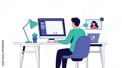 Professional man working at his home office desk while participating in a video conference call on a desktop monitor with a female colleague.