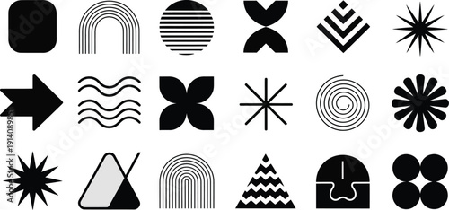 A clean vector illustration presenting a diverse array of modern abstract geometric shapes and symbols, ideal for contemporary graphic design applications and digital branding