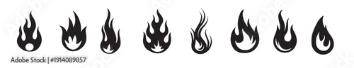 Hand drawn flame black and white vector set illustration