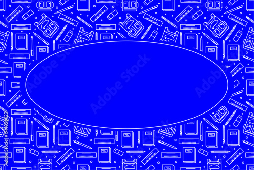 School attributes doodle pattern frame with blank oval. School supplies doodle pattern frame design. Seamless school attributes frame background. Back to school concept with copy space. 
