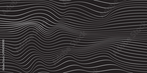 Abstract rippled or white lines pattern with wavy vibrant facture on black background and texture. Vector illustration