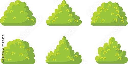 Green bush set vector illustration, cartoon shrubs collection, garden plants, nature foliage elements, landscaping clipart isolated on white background