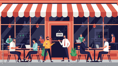 Group of diverse people working on laptops and socializing at a cozy street cafe during the evening with a warm and inviting atmosphere.