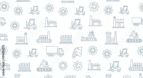 Seamless pattern of industrial icons including factories, forklifts, and gears.