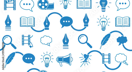 Blue icons for writing, ideas, communication and learning on white background