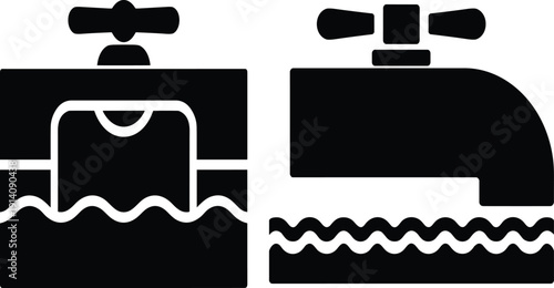Black and white faucet and sink icons with water flow, symbolizing plumbing, hygiene, bathroom fixtures, water usage, sanitation, household utility illustration