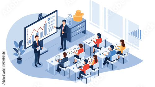 Students sitting at desks in a modern classroom with laptops and tablets while a teacher gives a presentation on a large digital screen.