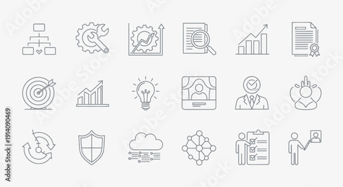 Collection of business and finance icons on a light background.