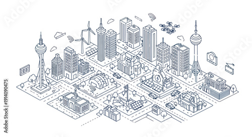 Smart city concept with urban technology and interconnected infrastructure in isometric line art.