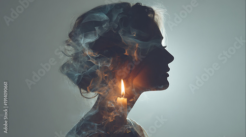 A silhouette of a woman with a candle and smoke. It symbolizes the concept of burning feelings and thoughts
