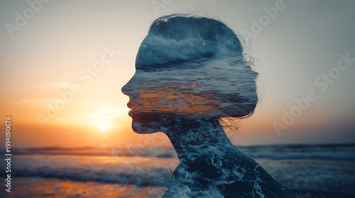 A serene portrait merges a woman's silhouette with the tranquil ocean. The silhouette of a woman is superimposed on the sea at sunset