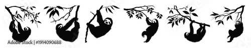  sloth hanging on branch silhouette set