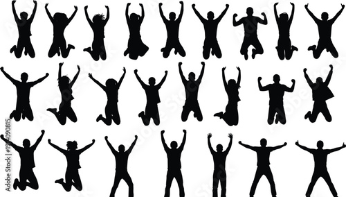 Jumping people silhouettes collection vector illustration, celebration success poses, happy energetic crowd, victory achievement, teamwork motivation isolated set