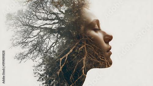 A striking portrait of a person with the image of a tree overlaid, representing the connection between nature and the self