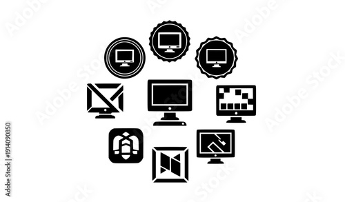 Geometric Computer Monitor Logo Icon Set Modern Tech Display Vector Collection on White