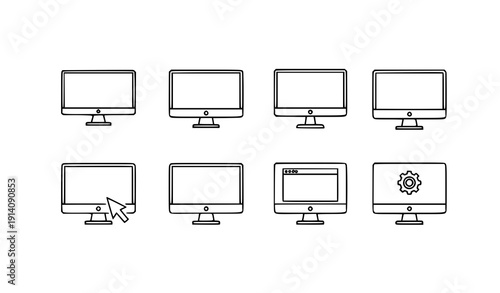 Computer Monitor Outline Icon Set Minimal Desktop Screen Line Vector Collection on White