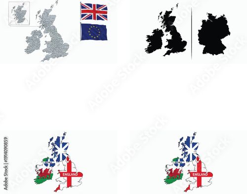 United Kingdom maps and flags collection isolated on transparent background for travel and geography