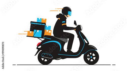 Fast delivery service concept featuring a courier on a blue scooter carrying multiple packages and boxes with motion lines for speed.