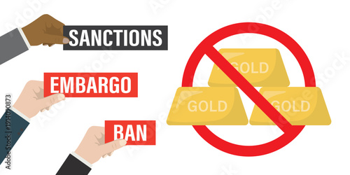 Hands hold signs labeled Sanctions, Embargo and Ban next to gold bars behind red prohibition symbol. International trade precious metals restrictions and economic pressure.