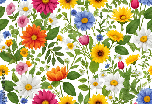 Wallpaper Mural Colorful watercolor floral seamless pattern with vibrant daisies, sunflowers, and wildflowers on white background for fabric, wallpaper, and design Torontodigital.ca