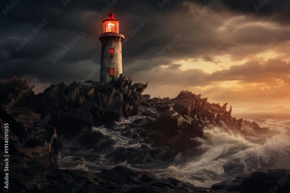 Obraz premium Lighthouse beam cutting through dark clouds and crashing waves