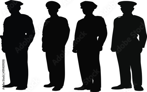 Silhouettes of four uniformed officers standing upright in peaked caps, symbolizing law enforcement, military personnel, authority, discipline, protection, and security representation